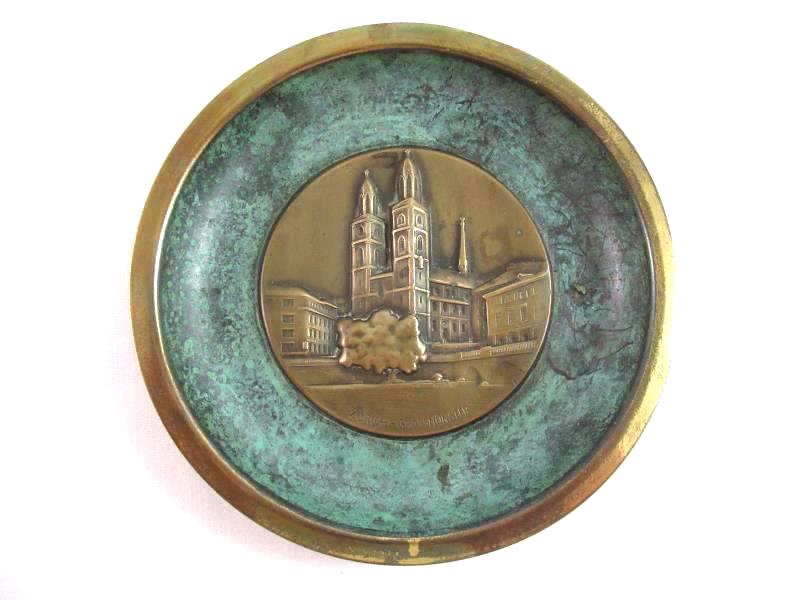 Vintage Zurich Grossmünster 5" Souvenir Brass Plate Plaque