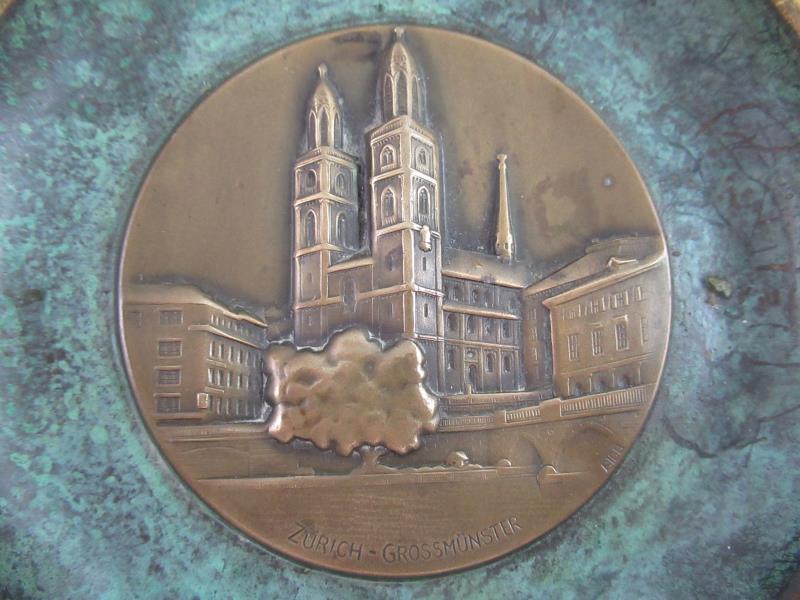 Vintage Zurich Grossmünster 5" Souvenir Brass Plate Plaque