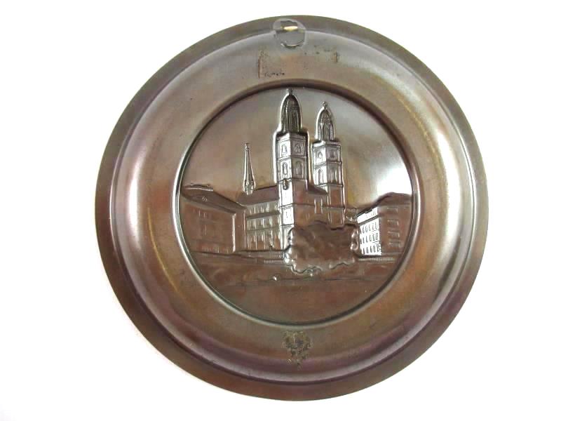 Vintage Zurich Grossmünster 5" Souvenir Brass Plate Plaque