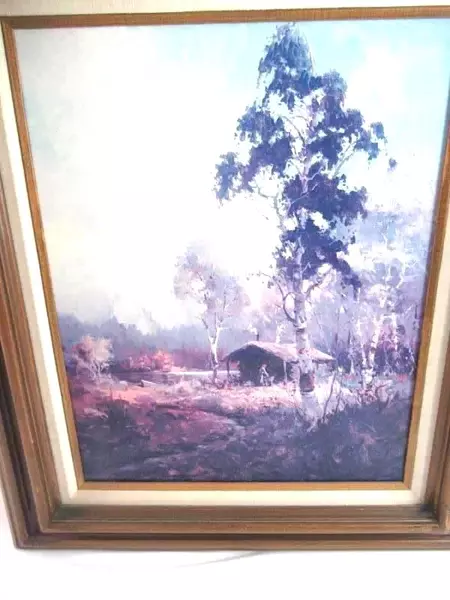 Framed Landscape Print With Pioneer Log Cabin and Boat 28.75" x 24" Landscape