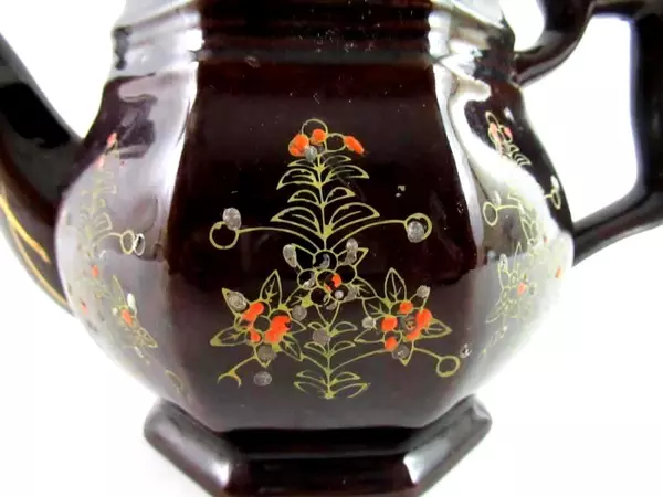 Vintage Porcelain Coffee Pot From Japan Dark Brown Flowers Gold Trim