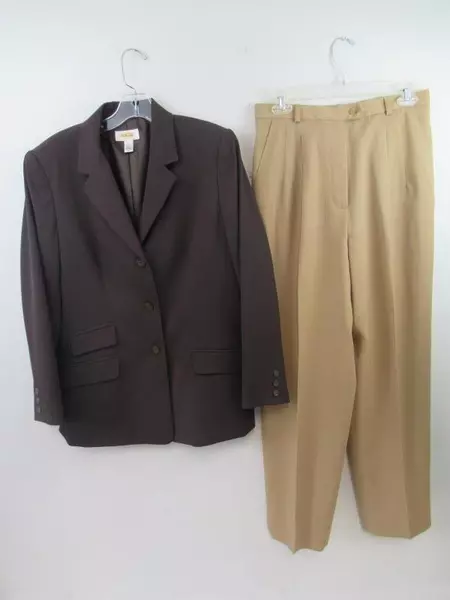 Talbots Petites Suit Set Blazer Pants Slacks Dark Brown Tan Wool Women's 10 & 12