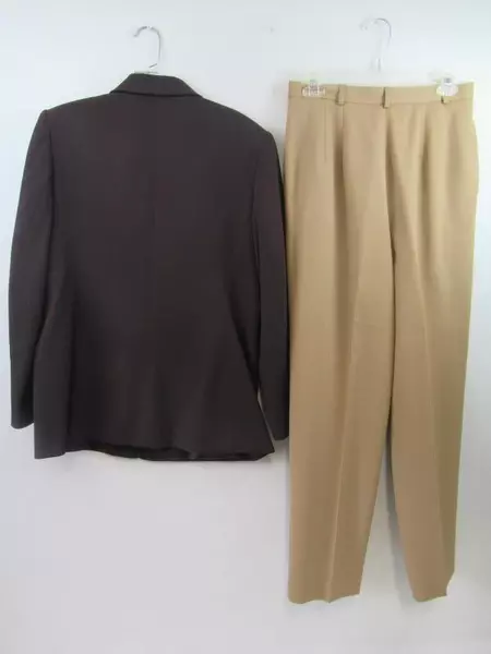 Talbots Petites Suit Set Blazer Pants Slacks Dark Brown Tan Wool Women's 10 & 12