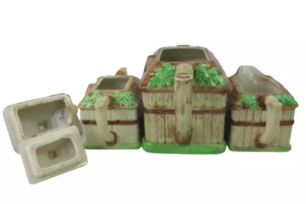 3 Pc Porcelain Cottage Teapot Creamer Lidded Sugar Bowl Brown Beige Roses