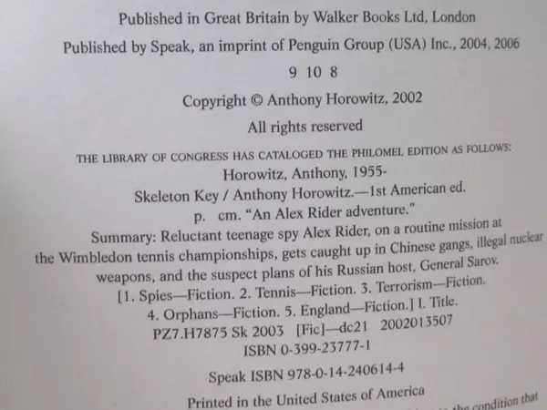 Skeleton Key Anthony Horowitz Speak Penguin Books 2003 1st American Edition PB