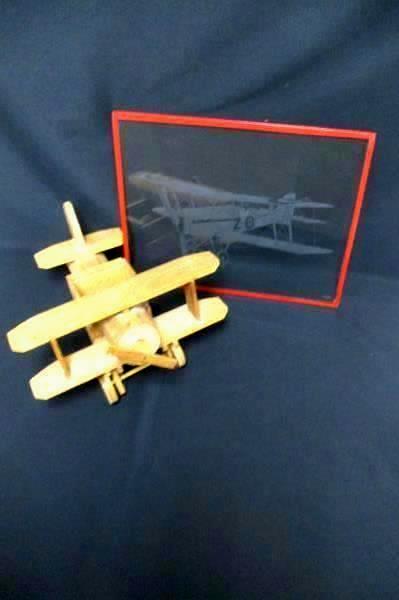 Handmade Wooden 14" Bi Plane Figurine and Etched Glass Bi Plane Picture No Frame
