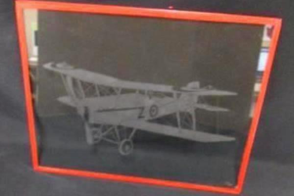 Handmade Wooden 14" Bi Plane Figurine and Etched Glass Bi Plane Picture No Frame