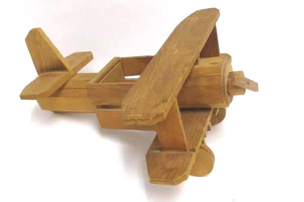 Handmade Wooden 14" Bi Plane Figurine and Etched Glass Bi Plane Picture No Frame