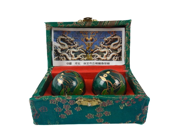 Chinese Cloisonné Baoding Balls Healing Meditation Dexterity Teal Silk Case