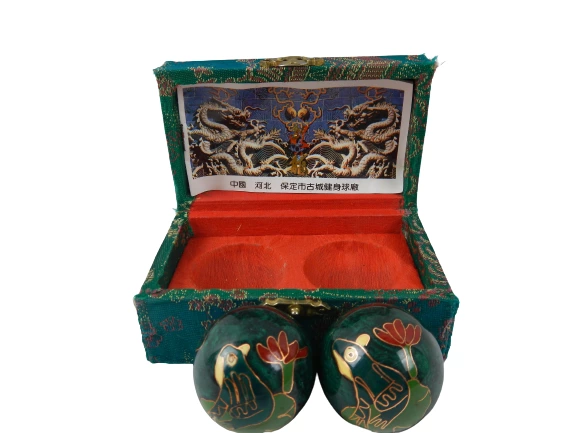 Chinese Cloisonné Baoding Balls Healing Meditation Dexterity Teal Silk Case