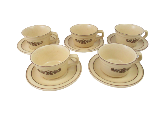 5 Vtg Pfaltzgraff Cups and Saucers Village 1970's Tan Brown Floral Abstract