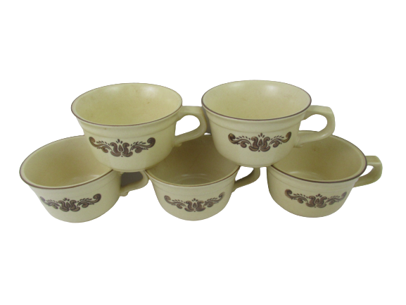 5 Vtg Pfaltzgraff Cups and Saucers Village 1970's Tan Brown Floral Abstract
