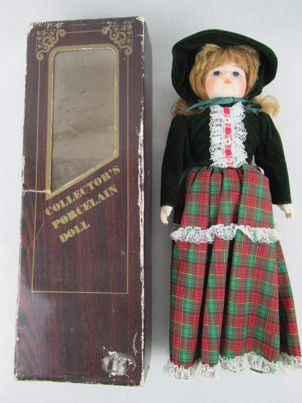 Vintage Porcelain Doll Strawberry Blonde Dress Red Green White Gold 16" In Box