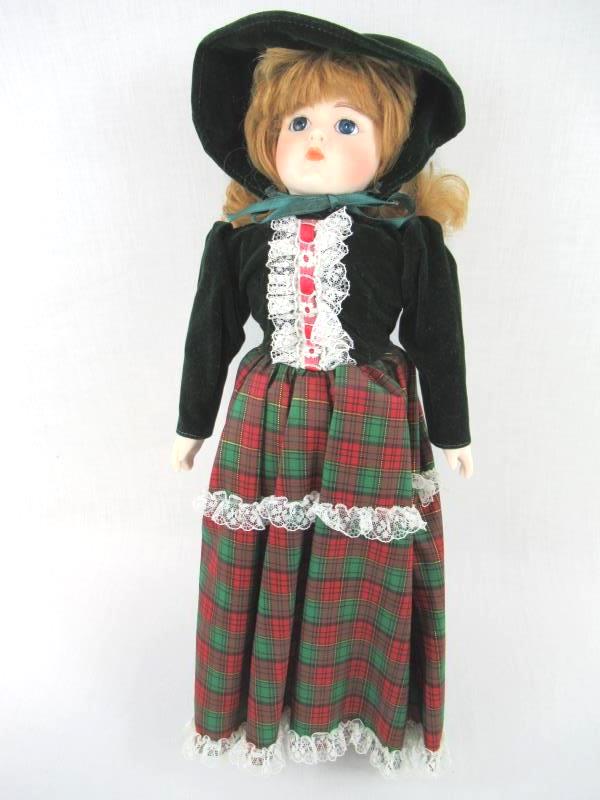 Vintage Porcelain Doll Strawberry Blonde Dress Red Green White Gold 16" In Box