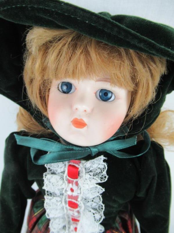Vintage Porcelain Doll Strawberry Blonde Dress Red Green White Gold 16" In Box