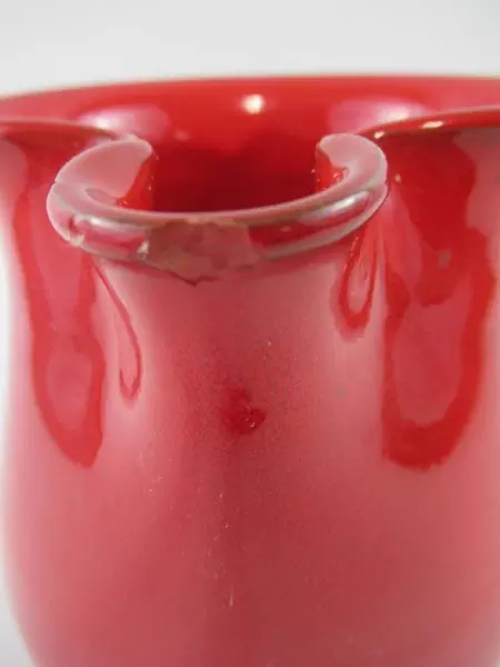 Chantal Handcrafts Pitcher Vase Red Handle Ceramic Glazed Ruffle Spout 6 Inch