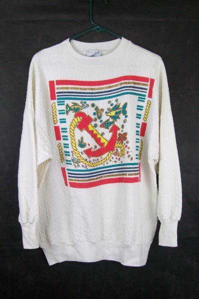 Moon Craft Women's White Fish & Anchor Nautical Sweatshirt Sweater Size Large