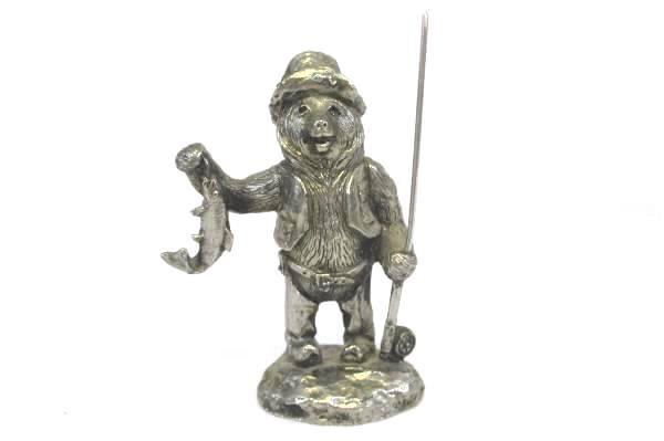Vintage Pewter Bear Bouvier In A Fisherman's Outfit Holding The Catch of the Day