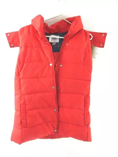 Old Navy Red Puffer Vest Women's Size Medium Faux Fur Trim Hood Flannel Accent