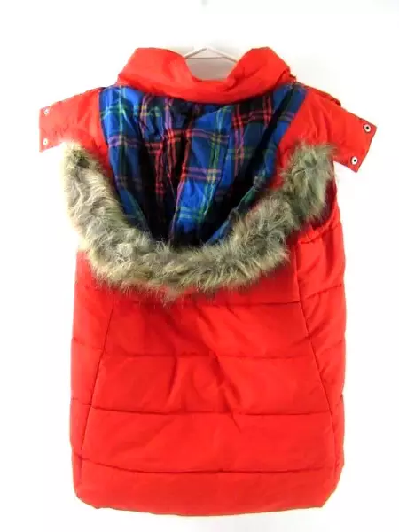 Old Navy Red Puffer Vest Women's Size Medium Faux Fur Trim Hood Flannel Accent