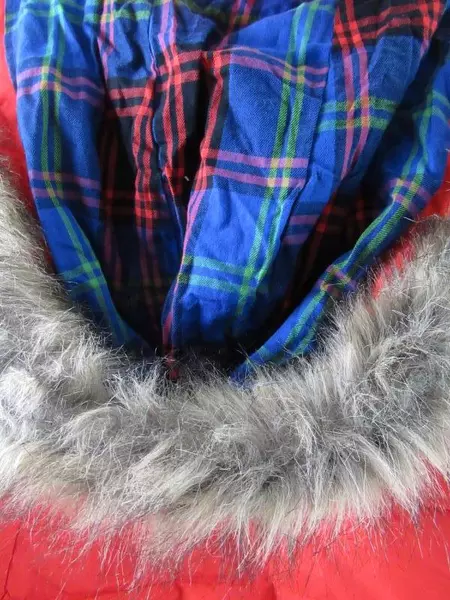 Old Navy Red Puffer Vest Women's Size Medium Faux Fur Trim Hood Flannel Accent