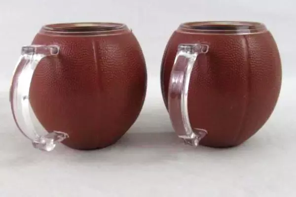 Lot of 2 Football Shaped Plastic Mugs Cups Clear Handle Brown Pebbled Laces