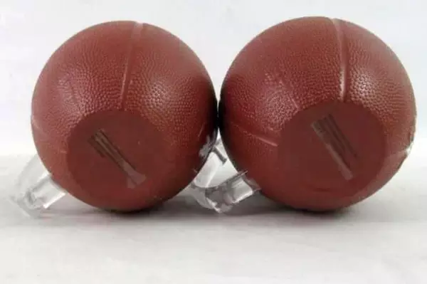 Lot of 2 Football Shaped Plastic Mugs Cups Clear Handle Brown Pebbled Laces