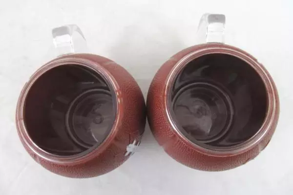 Lot of 2 Football Shaped Plastic Mugs Cups Clear Handle Brown Pebbled Laces