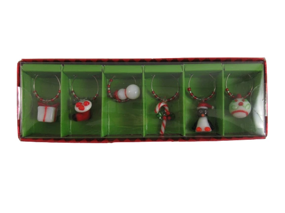 Pier 1 Christmas Wine Glass Drink Charms Set of 6 In Original Box