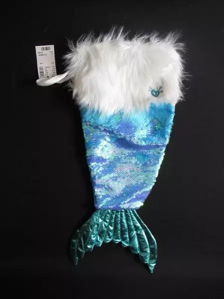 Justice Girls Holiday Christmas Stocking Mermaid Tail Faux Fur Sequins Foil Tail