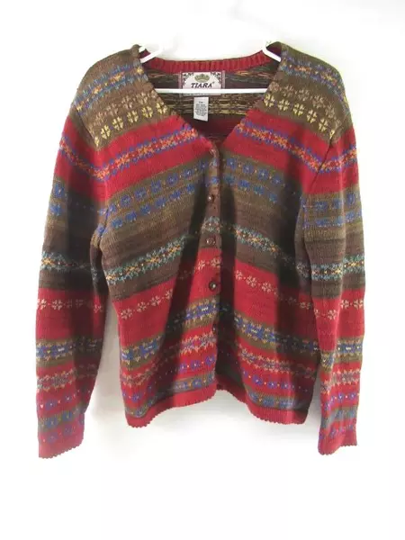 Tiara Petites Floral Knit Sweater Women's Size PM Rayon Blend Buttons