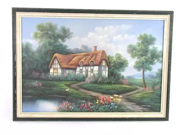 Large Framed English Cottage Oil Painting On Canvas Signed Marten