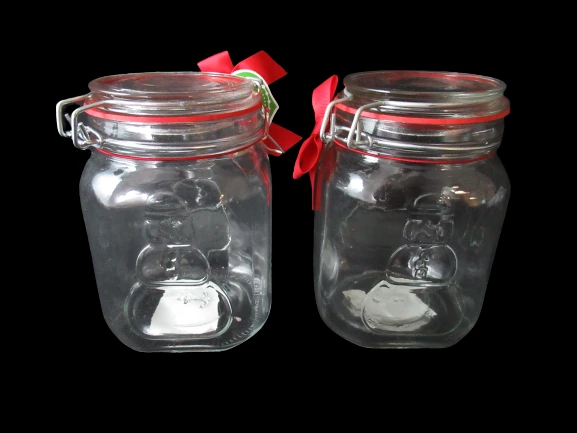Lot of 2 Anchor Home Collection Anchor Hocking Glass Gift Jars Red Ribbon Snow