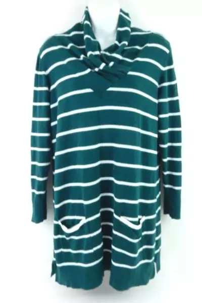 Christopher & Banks Women's Sz LP Petite Dark Green White Striped Sweater Knit