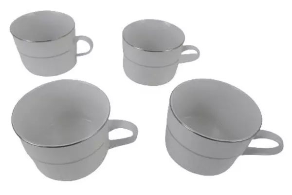 Set of 4 Gibson Housewares Black Tie Platinum Porcelain Flat Cups Mugs