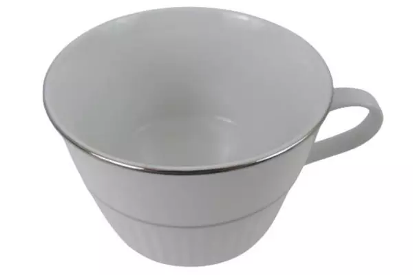 Set of 4 Gibson Housewares Black Tie Platinum Porcelain Flat Cups Mugs