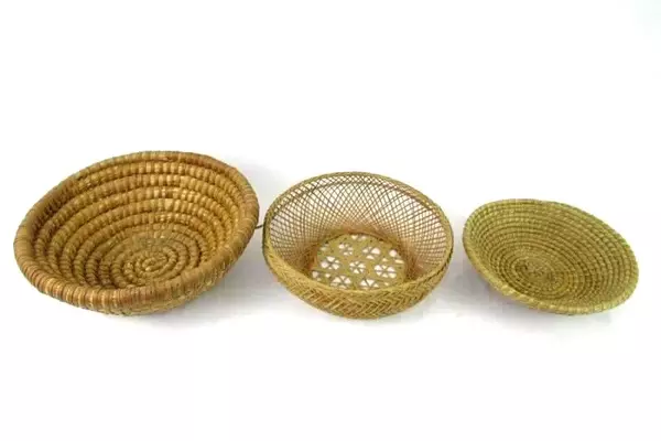 Lot of 3 Decorative Woven Straw And Bamboo Baskets Various Sizes Geometric