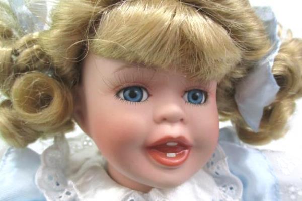 Collections Etc. Porcelain Doll w/ Stand 14" Blue Dress Wicker Hat White Shoes