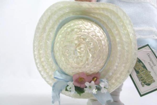 Collections Etc. Porcelain Doll w/ Stand 14" Blue Dress Wicker Hat White Shoes