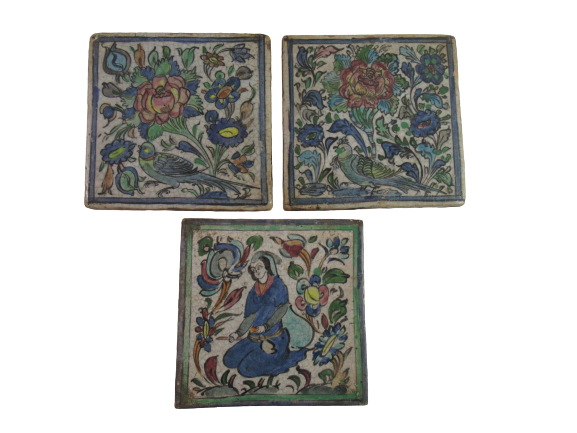 Lot of 3 Antique Salvage Ceramic Tiles Hand Painted Blue Pink Green Decorative