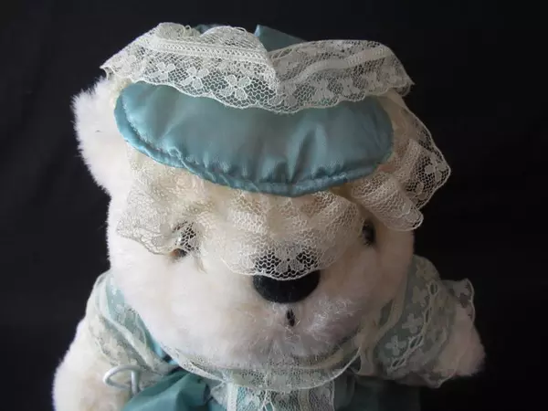 Victorian Style White Teddy Bear in Blue Silk Dress with Hat and Parasol Stand
