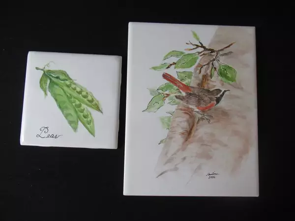 Lot of 2 Hand Painted Signed Decorative TilesPauline Bird and GardenPeas