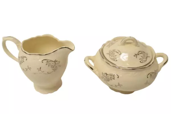 Vintage Taylor Smith & Taylor Creamer And Sugar Bowl White Platinum Roses