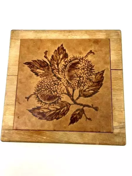 Wood Framed Tile Trivet Brown Chestnuts And Leaves 10in x 10in