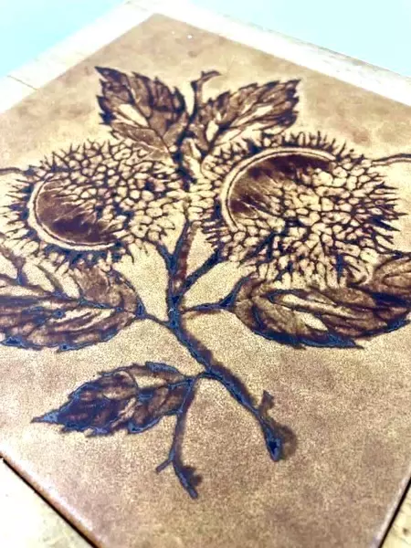 Wood Framed Tile Trivet Brown Chestnuts And Leaves 10in x 10in