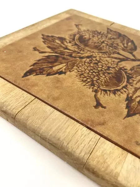 Wood Framed Tile Trivet Brown Chestnuts And Leaves 10in x 10in