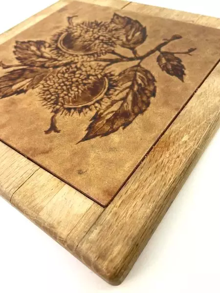 Wood Framed Tile Trivet Brown Chestnuts And Leaves 10in x 10in