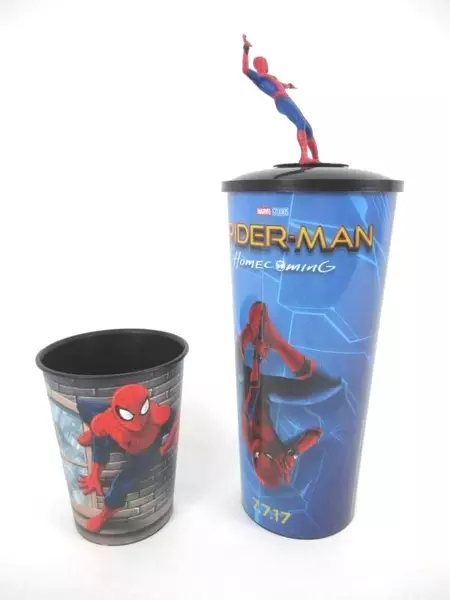 Lot of 2 Marvel Spiderman Plastic Tumblers Cups Hallmark Figurine Lid Homecoming
