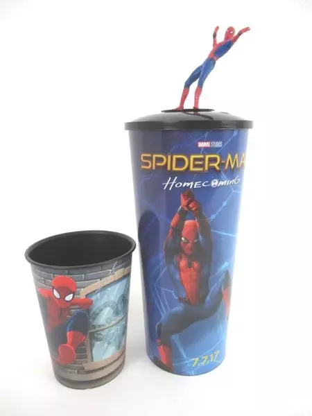 Lot of 2 Marvel Spiderman Plastic Tumblers Cups Hallmark Figurine Lid Homecoming