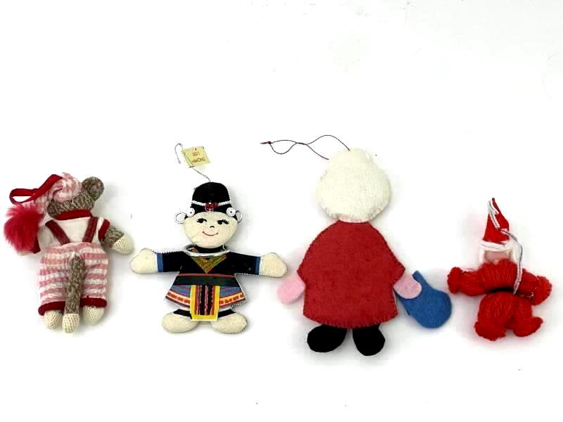 Lot of 4 Hand Crafted Christmas Ornaments Hmong Santa Mrs. Claus Sock Monkey